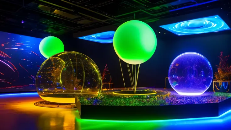 Cyber Environment: A stage surrounded by a translucent glass sphere, where digital data and code patterns continually flow across the surface. LED lights embedded in the glass flash in sync with the music, creating a hypnotic effect of abstract colors and ...