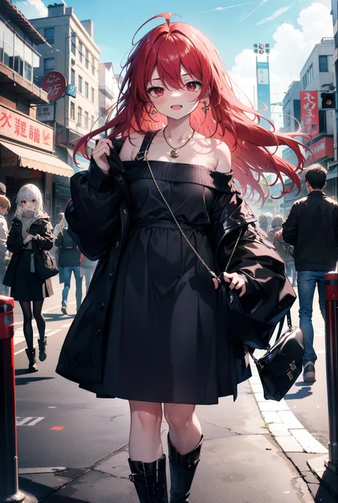 Shana,灼眼のShana,Long Hair, Red Hair, Red eyes,Ahoge,happy smile, smile, Open your mouth,Oversized off-the-shoulder sweater,Bare shoulders,bare clavicle,Bare neck,Locket Necklace,black long skirt,short boots,Daytime,sunny,Walking,whole bodyがイラストに入るように, break...