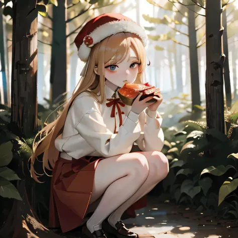 masterpiece, Highest quality, 8k wallpaper, Very detailed, A girl about 12 years old, Golden Hair, Long Hair, fine grain、(Red Skirt)、 White dress shirt,(A single large red flower hair ornament)，Light blue eyes、Dark Taste、wearing a warm fur hat、(In the wint...