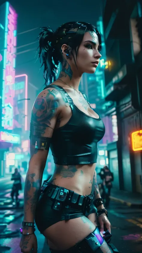 a woman with tattoos and a top is standing in a city, in a cyberpunk setting, cyberpunk photo, cyberpunk vibes, cyberpunk girl, hyper-realistic cyberpunk style, cyberpunk 2 0 y. o model girl, cyberpunk aesthetics, in cyberpunk city, female cyberpunk, more ...