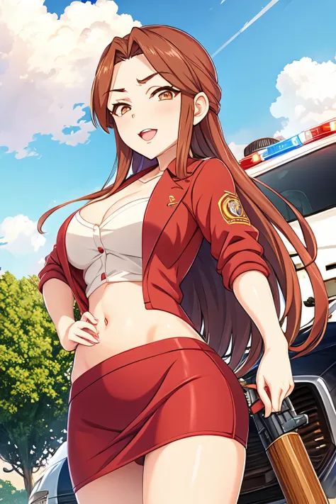 Brown Hair, Small breasts, 1girl, 独奏, large breast, blush, lipstick, masterpiece, best quality, highly detailed, a anime girls in police uniforms with a gun posing for a
picture, police outfit, military outfit, open mouth, cleavage, evil smile, smile, ecch...