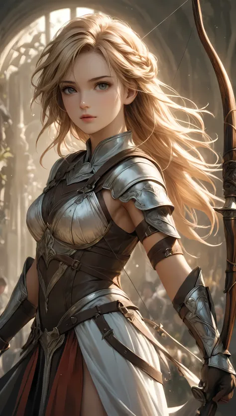 create a cinematic photo of a female archer with blonde supermodel beauty, standing confidently with her bow and quiver on her b...