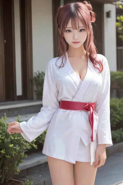 Girl in kimono standing in front of a building, wearing a simple robe, ((Red belt, Elegant white kimono)), Best Anime 4K Konachan Wallpaper, in kimono, ayaka genshin impact, Cute girl anime visuals, (((inspired by yui yuigahama))), wearing a simple robe, F...