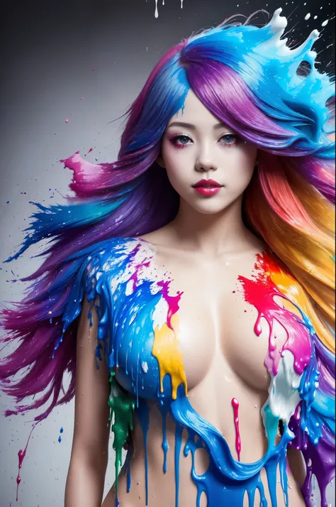 (level difference:1.8),(Paint collides and splatters on the canvas),(Depth of bounds written),1girl, 24 years old, Japanese, (Liquid Paint Rainbow Hair:1.1) made of paint、defy gravity,thick stream,(paint splatters:1.3),liquid state,amazingly beautiful, mas...