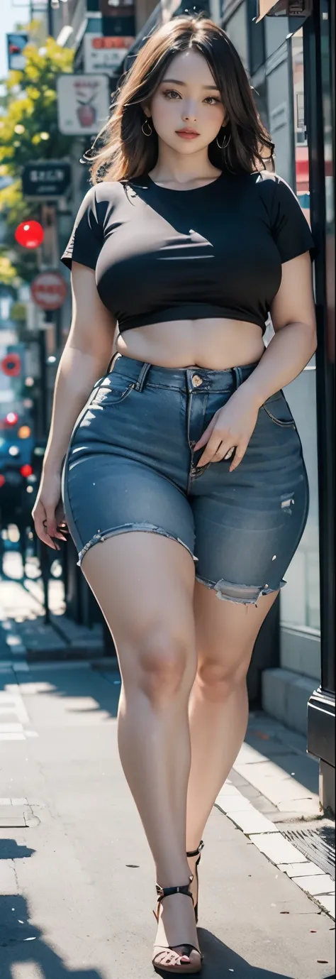 ((best quality)), ((masterpiece)), (detailed), perfect face, araffe woman in a dark-blue shirt and blue denim skirt walking down a street, thicc, she has a jiggly fat round belly, bbwchan, wearing tight simple clothes, skinny waist and thick hips, widest h...