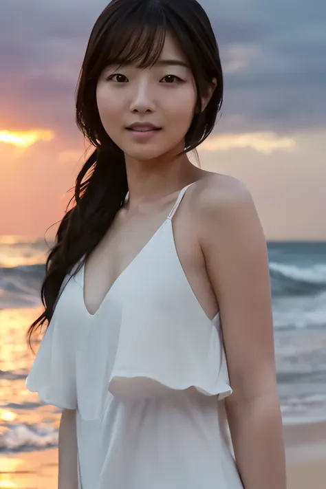 create a high-quality, hyper-realistic portrait of a very beautiful japanese idol. she is wearing a clean white summer dress and...