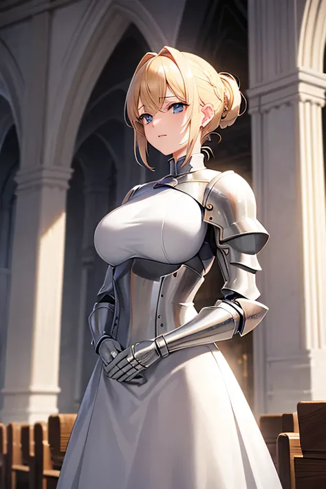 Beautiful 20 year old woman, blond updo, holy knight, Pure white armor、church、Are standing