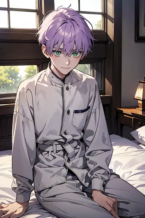 a 14 year old boy, short lilac hair, green eyes, pale skin, weak and thin, sick, shy smile, white clothes, sitting on a bed in front of a window view