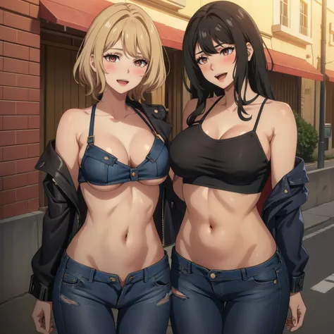 2girl, two girl ,long hair,mature female,makeup,eyelashes, blush, lipstick, jacket, masterpiece,high quality,4k, bare shoulder,belly,crop top,outdoor,cleavage,jeans,casual
dress,street,road,smile, open mouth, (nsfw) not safe for work, holding a gun,handgun...