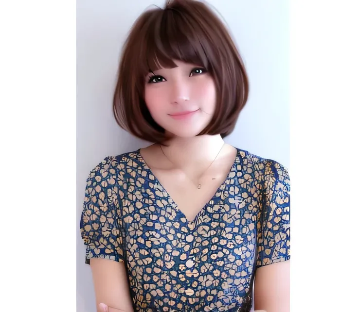 arafed woman with a Short brown hair and a blue dress, with shortヘア, with shortヘア with bangs, short～Medium Hair, Neat hairstyle with bangs, Short brown hair with bangs, Bobcut, medium shortヘア, Short brown hair, Shirahime cut hairstyle, shortヘア, Cute Hairst...