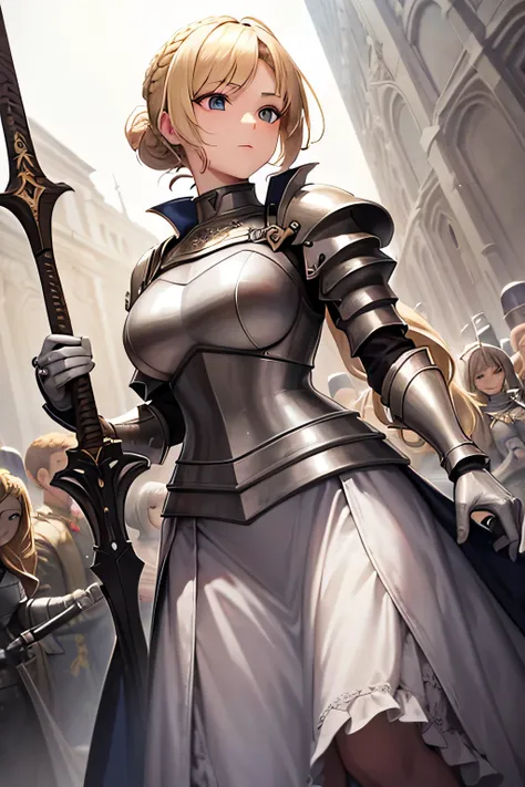 Beautiful 20 year old woman, (((blond updo))), holy knight, White Iron Armor、Swinging the Sword、battlefield