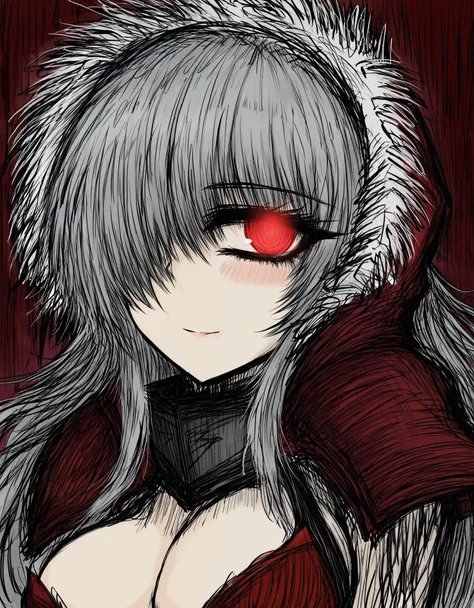 black souls style, girl,grey hair,armor,closed one eye,big chest,glowing eye,