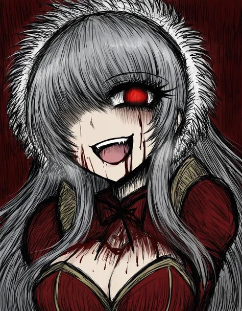 black souls style, girl,grey hair,armor,closed one eye,big chest,glowing red eye,crazy smile,bloody