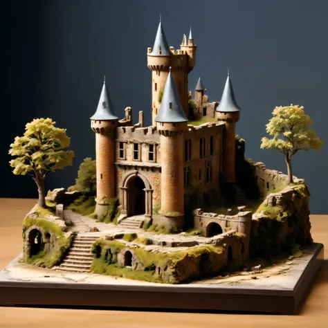 small diorama of ruin of deutch castle, on square stand, surreal, high resolution, beautiful, highest quality, masterpiece, highly detailed