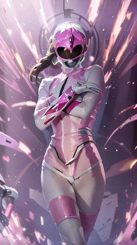 (best image quality:1.2), (super high resolution:1.2), (fidelity:1.4), 1 woman, 18 year-old, despair, f/2.8, 135mm, Nikon, masterpiece, anatomically correct, high details, best quality, HD, 4K, 8k, (pink ranger helmet on:1.5),(not showing hair:1.4)