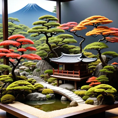 Diorama of japanese garden, on square stand, surreal, high resolution, beautiful, highest quality, masterpiece, highly detailed