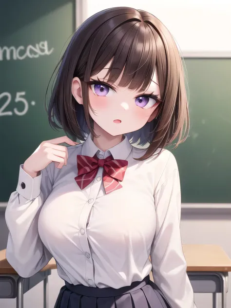 solo girl, 20 years old,blunt bangs,very short hair,brown hair,purple eyes, medium breast,laugh,head tilt,long sleeves shirts,red bowtie,pleated skirt,classroom,insanely detailed, absurdres, ultra-highres, ultra-detailed, best quality, slender, kawaii, per...