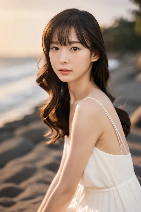 create a high-quality, hyper-realistic portrait of a very beautiful japanese idol. she is wearing a clean white summer dress and...