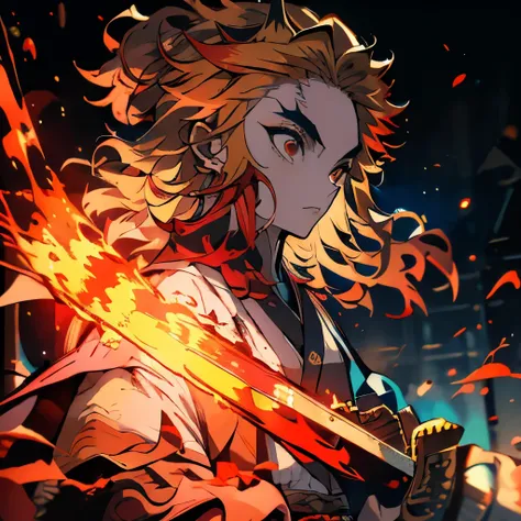 masterpiece、delicate eyes、rengoku、red eyes、yellow and red hair、serious face、japanese sword、burning background、upper body