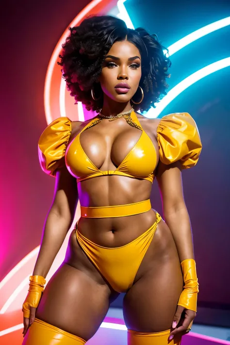 Objective: Portrayal of a Powerful and Trendsetting Character, Neon orange, HyperAss Women, Milf, Small , Big Ass, Sexy, Hot, short hair (in a modern rococo style), very short hair (cut to an afro-inspired shape), Short clothes with lots of bio-translucent...