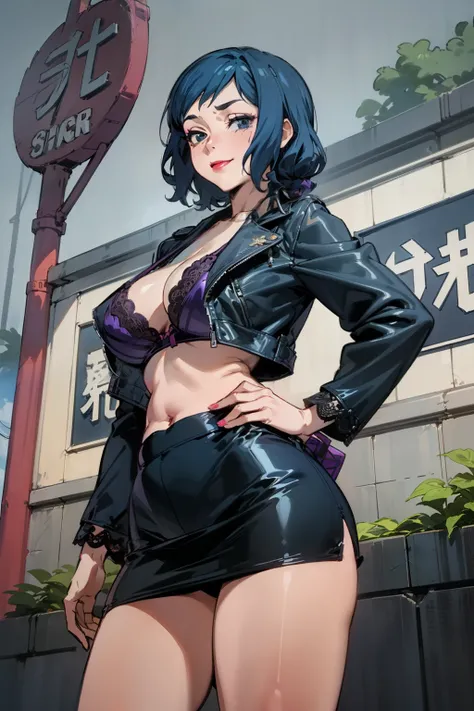 Night time,(Masterpiece), Best Quality, ultra-detailed, 1girl (rinko_iori, Slender and sexy body, huge  breasts, wide hips, dark blue hair, long wave hair, blue eyes,  half-closed eyes), evil face,  smirk ,parted lips, mascara, full makeup, red lipstick, h...