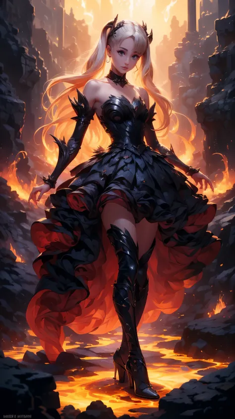 (La mejor calidad,A high resolution,Ultra - detallado,actual),Ariana Grande in a black dress with flames on her chest, epic fantasy art style hd, 4k fantasy art, epic fantasy digital art style, epic fantasy art style, fantasy woman, epic fantasy art portra...