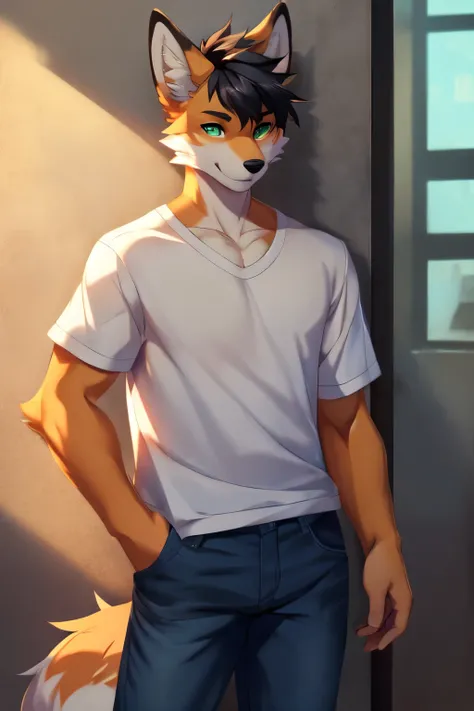 Solo, male, a cute but masculine anthro furry fox boy of 20 years old, a single fox tail always, toned, lean, black hair, faux hawk hair, green fox eyes, by fumiko, by hyattlen, by zackary911, indoors, white t-shirt, tight jeans, standing, arms crossed, fr...