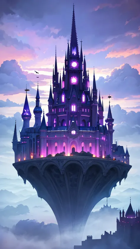 Castle in the clouds floating above the sky, surrealism painting style, unreal fantasy purple color palette, majestic architecture, dreamy atmosphere, high contrast, ethereal lights