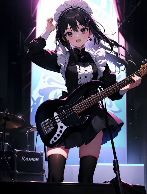 Mount Mimyeon, My Akiyama, (black ruby eye:1.5), Black Hair, Long Hair, Maid，Long skirt，black tights,short boots，Left-handed base(fender jazz bass)play、Rock band concert, Instrument playing, stageパフォーマンス, hot air,Fun atmosphere、Clip Studio、shape of transpa...