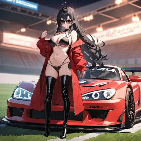 A woman wearing a long red leather coat, open coat, wearing a black bikini, eye red, black leather boots, race queen, sunglasses, black hair, long hair, ahoge, smiling, big breasts, standing on a running track, wide view of a lawn, concrete track, a black ...