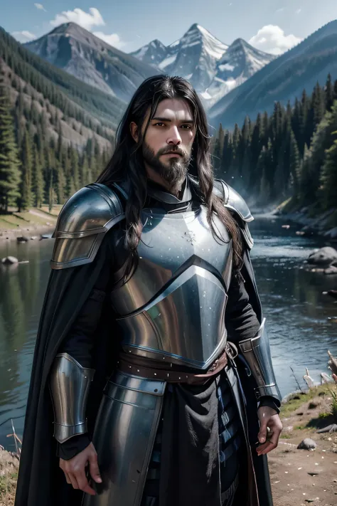 a human warrior ,long and wavy black hair, medium beard, worn silver and blue armor ,torn gray cloak ,on top of a ridge, in the background a forest with a river ,mountains in the background 