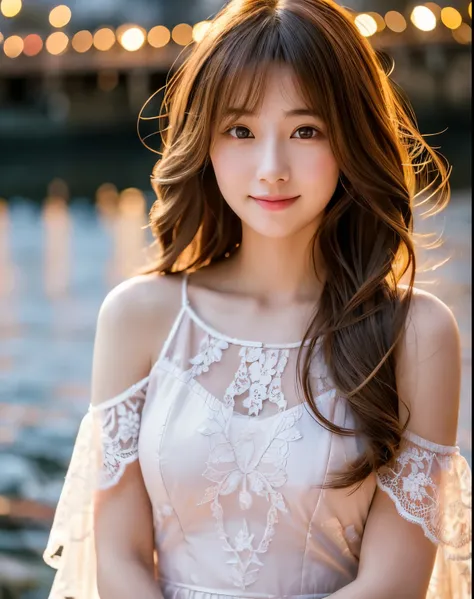 beautiful japanese woman　intricately colored detailed hair　brown hair　long hair　delicate beautiful eyes　smooth soft skin　gentle smile　white lace dress　standing on a small river　Asahi　Professional photographer　professional lighting