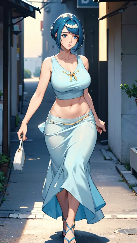 A sexy girl, beautiful beauty, light blue hair, her big round blue eye, light pink lip, she wears a white sleeveless shirt, shows her navel, and a long blue skirt with a long heel, black hair, wearing a pussy. 