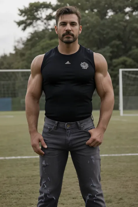 (((Muscular man))) masterpiece, best quality, high resolution, closeup portrait, male focus, solo focus, A man, 50 years old, grey hair, soccer player, football player, grey silver hair, messy hairstyle, cute and seductive face, bare chest, body hair, faci...