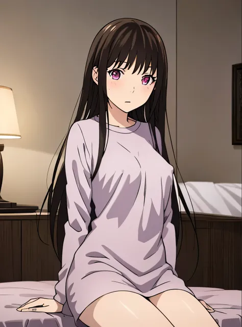 masterpiece:1.6, best quality), finely detailed beautiful eyes: 1.2), colorful, 1girl, bangs, black hair, long hair, blush brown eyes, mide, medium breast, pink nipples, indoors, sit, sitting on bed , bed,bedroom, lamp, cowboy shot, 