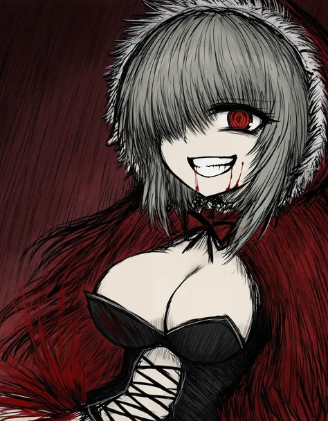 black souls style, girl,grey hair,armor,closed one eye,big chest,glowing red eye,crazy smile,bloody