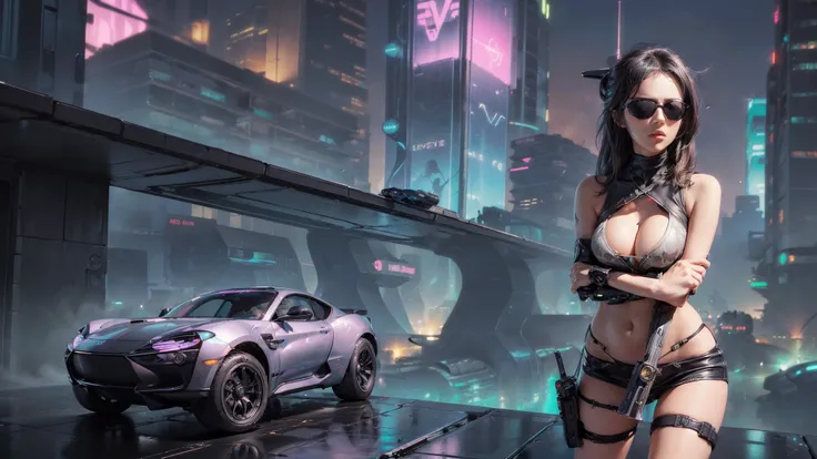 (((aerial view))) of futuristic city, hologram neon buildings, (((futuristic flying cars))) and futuristic cars, Surreal cyberpunk city, in a Future cyberpunk city, 3d rendering Beeple, at night. large-breast photorealistic sexy woman, (((breast cleavage))...