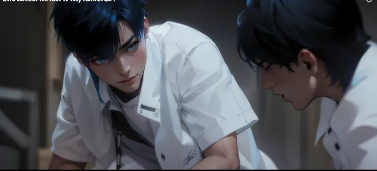 two young 16 year old men with blue hair look into each other&#39;s eyes