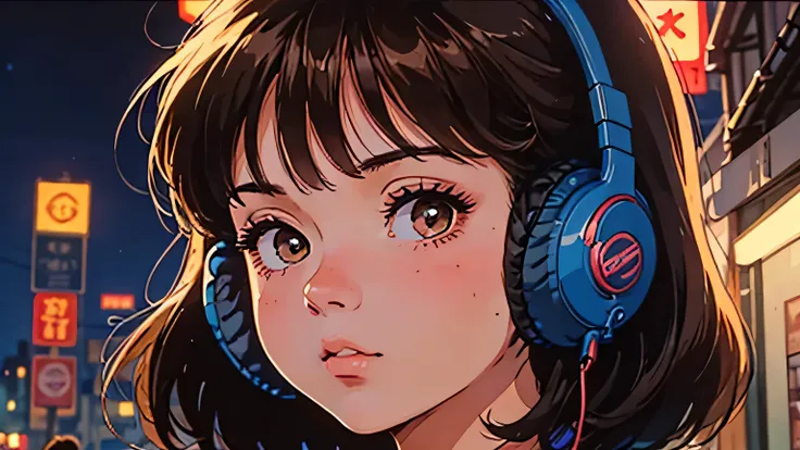 1 girl, a girl in 80s anime style, wearing headphones, retro, lo-fi, with a cassette tape, outside, outside, at night, night, ni...