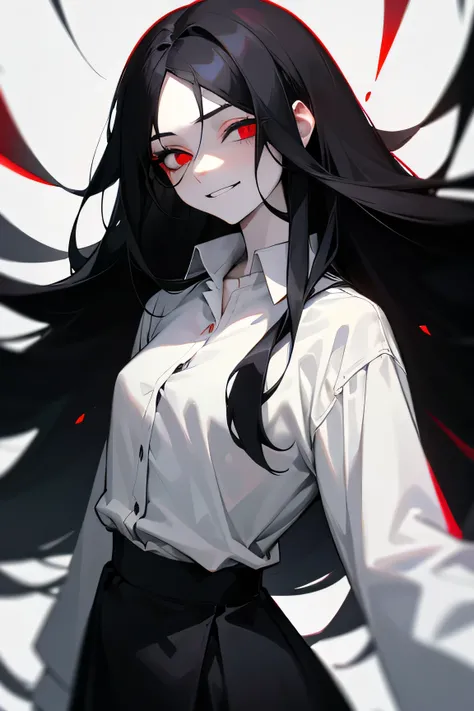 A  with long black hair,dead red cold eyes,pale skin,and wears a white button-up shirt tucked up into a black skirt. 15 years old,and 55. A insane,crazed and mindless smirk.