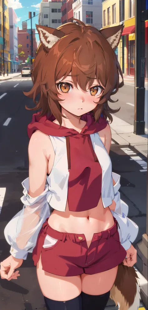 anime coloring,anime screencap,
1girl, solo, thighhighs, tail, animal ears, healthy skin, navel, brown hair, blush, sleeveless, dog ears, short hair, standing straight, (((ultra-detailed eyes, 20 years old, street, brown_eyes))).( Cowboy_shot).