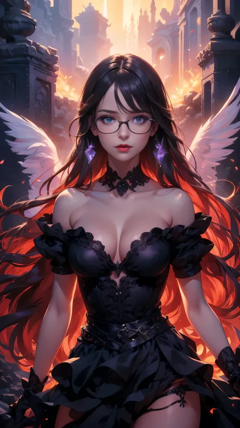 (Best quality, Ultra detailed, Masterpiece:1.2), 1girl, perfect face, female, gamer girl, (aqua eyes), (cherry-red lips), light smile, long black hair, purple streaked hair, purple highlights, bangs, choker, nerdy glasses, wearing headphones, white off-sho...