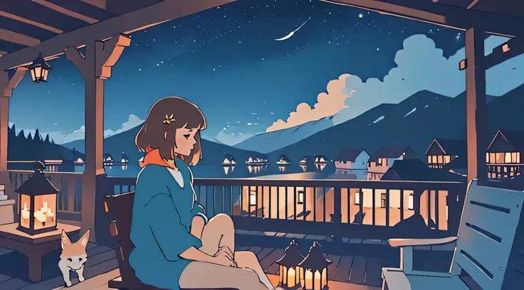 a girl sitting on a porch with a fox, with a view of the night sky