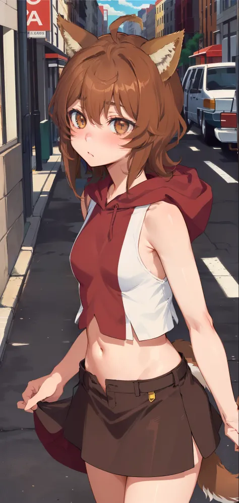 anime coloring,anime screencap,
1girl, solo, nsfw,  skirt, tail, animal ears, healthy skin, navel, brown hair, blush, sleeveless, dog ears, short hair, standing straight, (((ultra-detailed eyes, 20 years old, street, brown_eyes))).( Cowboy_shot).