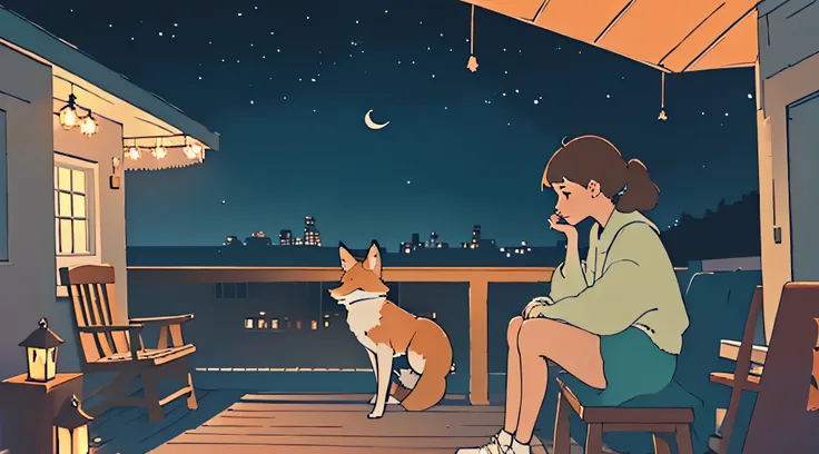 a girl sitting on a porch with a fox, with a view of the night sky