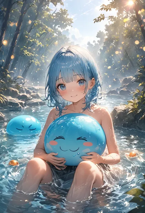 One person, Waterside in the forest、Sitting with feet in water、Having fun bathing in the water with slime、A little swordsman with blue hair., Sit on the ground, Clear blue sky、Bokeh, depth、Fun Expressions、Portrait、Lens flare、Detailed illustrations、Realisti...