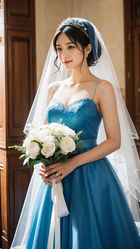 A woman wearing a blue veil and blue dress at a wedding and holding a bouquet