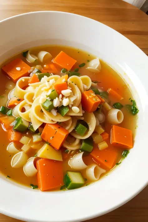 vegetables soup, potato, diced carrot and shell pasta, in a bowl of soup, on a wooden table

