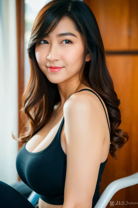 sitting on chair, (black t-shirt), sleeveless t-shirt, cleavage, white short skirt, looking at camera, front view, long hair, bangs, (detailed face), at classroom, tempting pose, potrait body, mouth closed, smiling, black eyes, 1 girl, 20yo,Young female,Be...