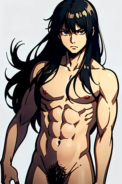 Asian man, Marked body, long hair. Black and serious eyes, black hair, totally naked. White background.